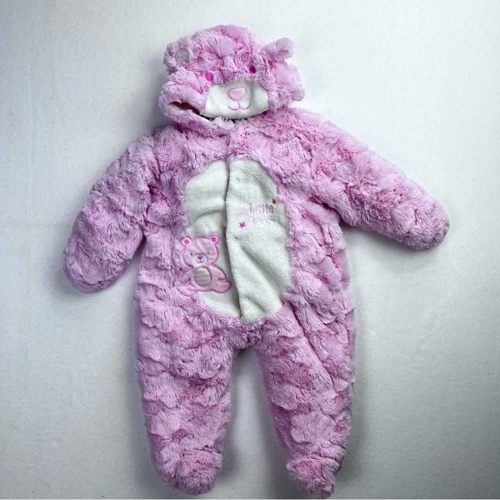 Pink Bear Winter Snow One Piece Koala Baby Furry Suit Hood Sz 9M Fleece Blanket
